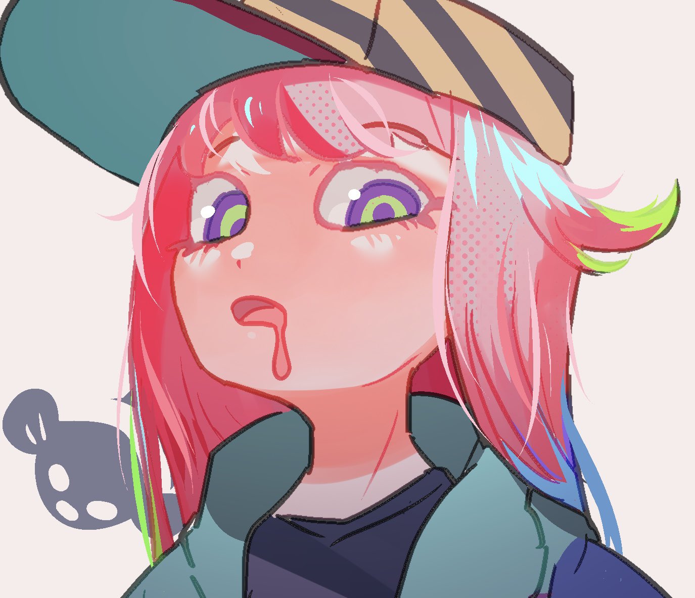 1girl baseball_cap black_shirt clownfish colored_eyelashes drooling fish harmony's_clownfish_(splatoon) harmony_(splatoon) hat humanization iguana152588 no_eyebrows pink_hair pink_pupils purple_pupils sea_anemone shirt simple_background splatoon_(series) splatoon_3 striped_clothes striped_headwear tentacle_hair tropical_fish white_background