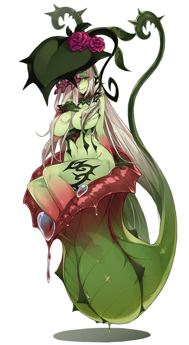 1girl breasts choker colored_skin feet flower gloves green_skin hair_flower hair_ornament hair_over_breasts hair_over_one_eye hand_on_own_chest highres kenkou_cross large_breasts long_hair looking_at_viewer man-eater_(saccophyte)_(monster_girl_encyclopedia) monster_girl monster_girl_encyclopedia navel nude pitcher_plant plant plant_girl purple_eyes red_flower red_rose rose see-through sitting smile solo very_long_hair vines white_hair