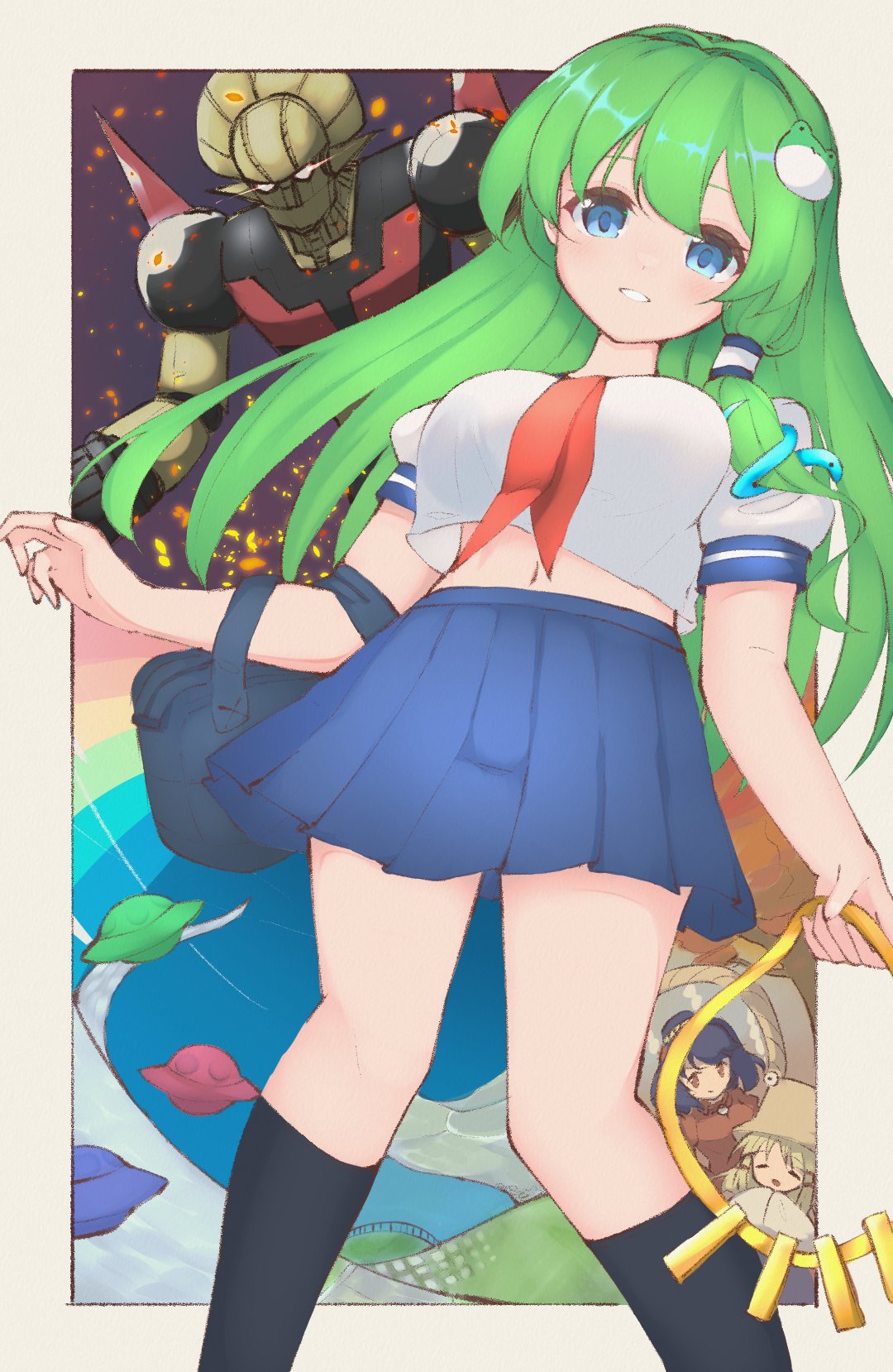 1boy 1girl 3girls bag black_socks blonde_hair blue_bag blue_eyes blue_skirt feet_out_of_frame frog_hair_ornament green_hair grin hair_ornament highres hisou_tensoku kneehighs kochiya_sanae long_hair mecha midriff_peek miniskirt moriya_suwako multiple_girls navel nazawa_(nother) neckerchief pleated_skirt puffy_short_sleeves puffy_sleeves purple_hair red_neckerchief robot school_uniform serafuku shirt short_sleeves shoulder_bag single_sidelock skirt smile snake_hair_ornament socks touhou touhou_hisoutensoku undefined_fantastic_object very_long_hair white_shirt yasaka_kanako