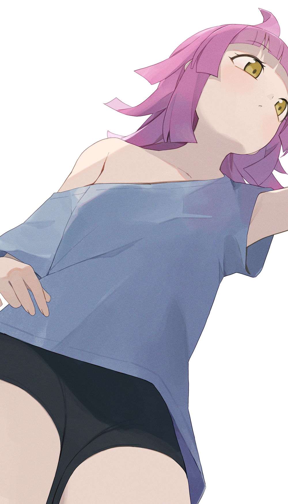 1girl bare_shoulders black_shorts blue_shirt commentary_request from_below highres hiroki_(yyqw7151) love_live! love_live!_nijigasaki_high_school_idol_club off_shoulder pink_hair shirt short_hair shorts simple_background solo t-shirt tennoji_rina white_background