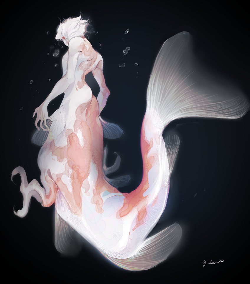 1boy 83k_gq air_bubble artist_name black_background bubble claws colored_skin commentary_request facing_away fins fish_boy floating_hair full_body male_focus monster_boy multicolored_skin original red_skin short_hair signature simple_background solo taur underwater white_hair white_skin