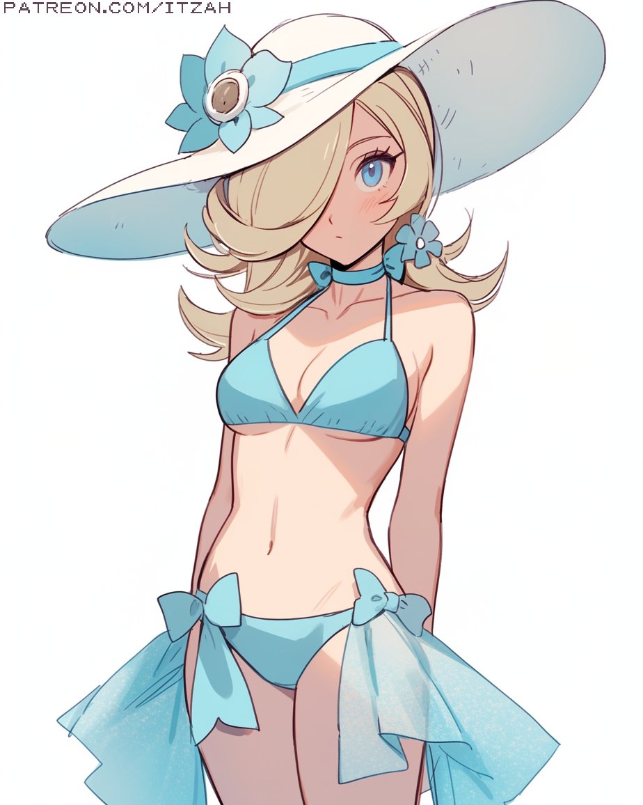 1girl aqua_bikini bikini blonde_hair blue_eyes bow english_commentary flower hair_flower hair_ornament hair_over_one_eye hat hat_flower itzah mario_(series) navel rosalina sarong see-through_sarong solo sun_hat swimsuit white_hat