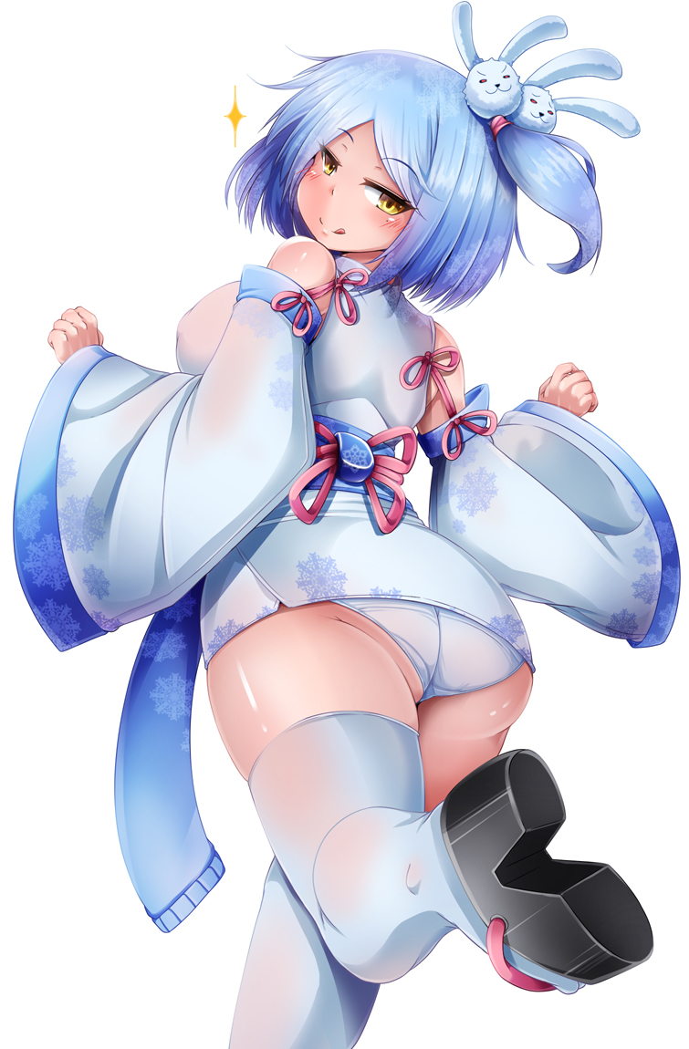 1girl :q black_footwear blue_hair blue_kimono blue_panties blue_theme closed_mouth commentary_request detached_sleeves hair_ornament japanese_clothes kimono leg_up looking_at_viewer looking_back mtd_(matidappp) one_side_up original panties pantyshot sash short_hair simple_background smile snowflake_print solo thighs tongue tongue_out underwear white_background wide_sleeves yellow_eyes yuki_onna