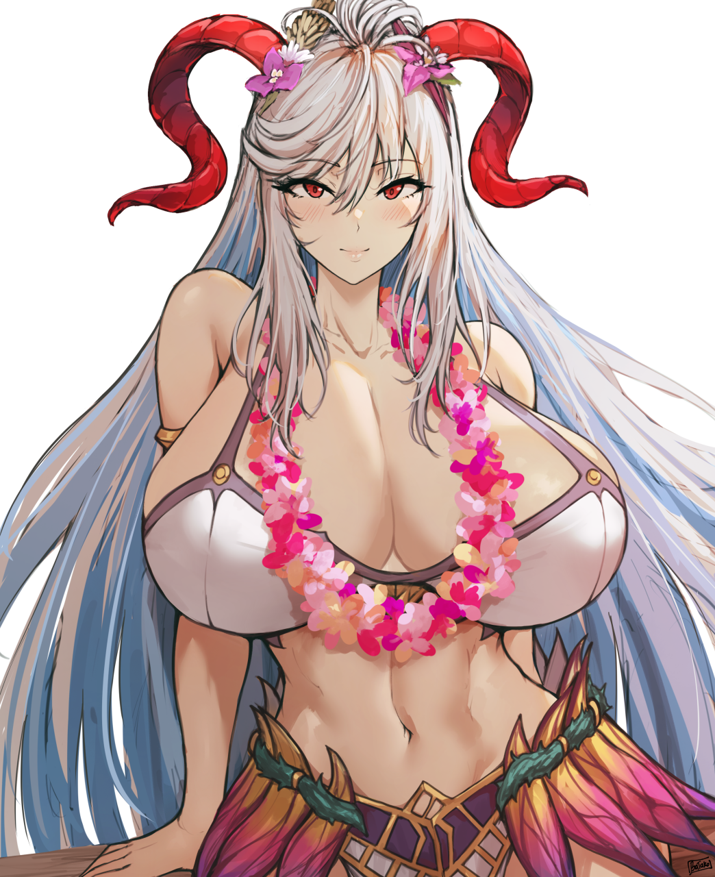 1girl bare_shoulders batako_(batakoart) bikini blush breasts cleavage collarbone demon_girl demon_horns fire_emblem fire_emblem_heroes freyja_(fire_emblem) hair_between_eyes highres horns huge_breasts lips long_hair looking_at_viewer midriff navel red_eyes red_horns simple_background smile solo swimsuit upper_body white_hair