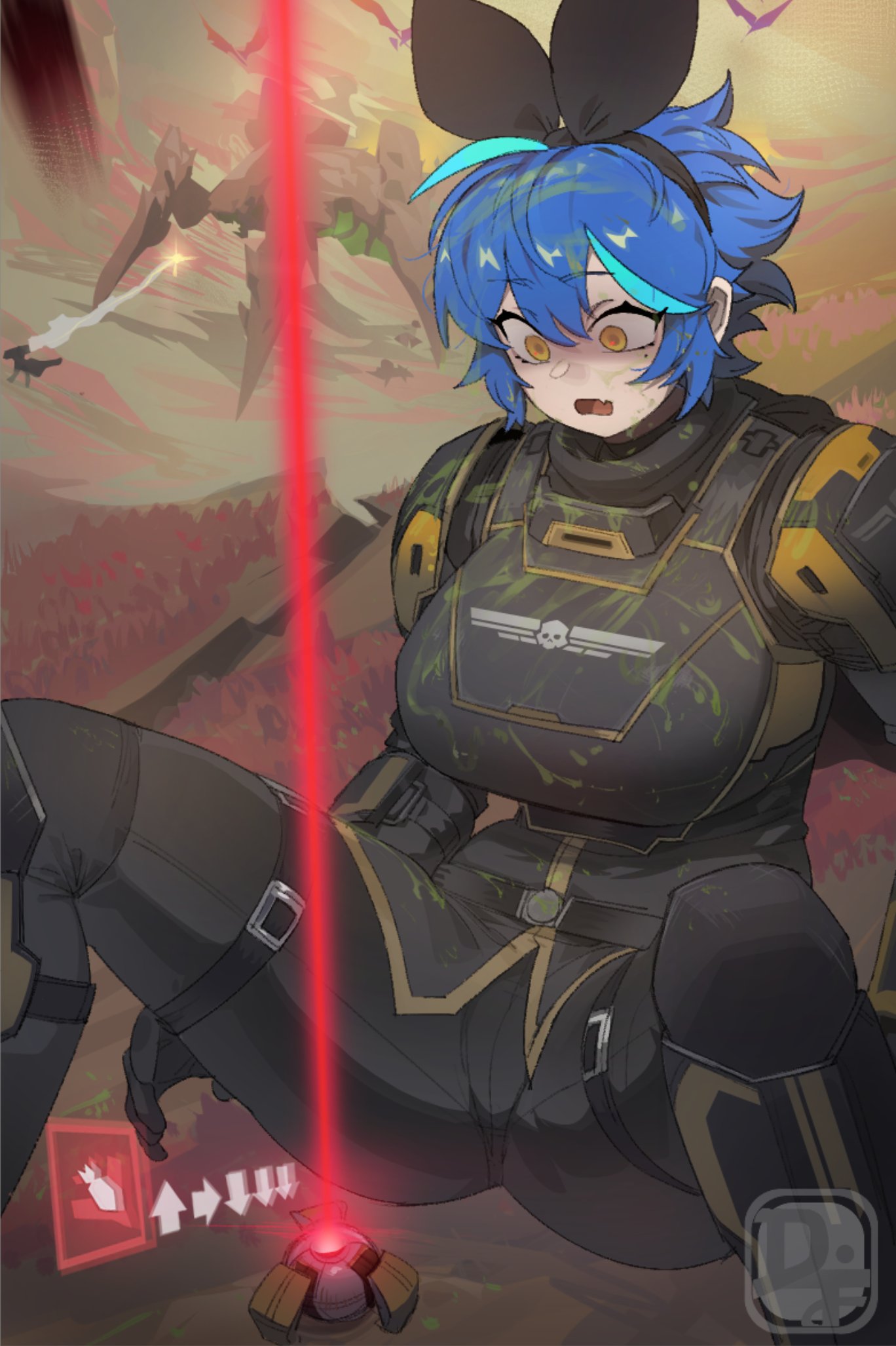 1girl armor black_armor black_pants black_ribbon blue_hair blurry blurry_background breastplate command_input dif_(difman) difman hair_ribbon helldivers_(series) highres laser looking_down mole mole_under_eye original pants ribbon short_hair solo_focus spread_legs surprised wide-eyed