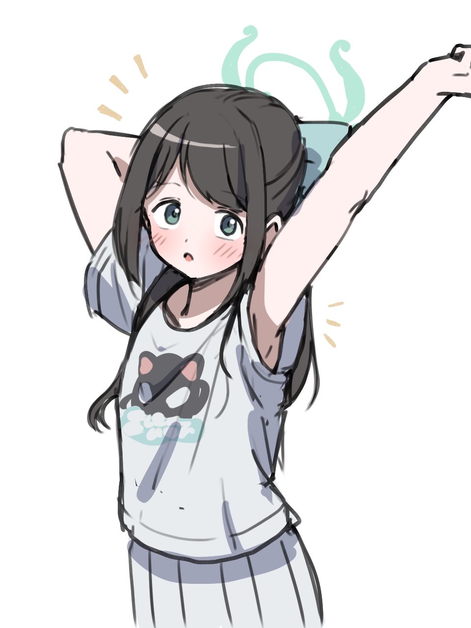 1girl airi_(band)_(blue_archive) airi_(blue_archive) arm_behind_head arm_up armpit_peek black_hair blue_archive blush bow green_bow green_eyes hair_bow halo highres long_hair looking_at_viewer open_mouth pleated_skirt print_shirt shirt short_sleeves simple_background sketch skirt solo standing stretching t-shirt trembling unadon_(unadoom) upper_body white_background white_shirt white_skirt