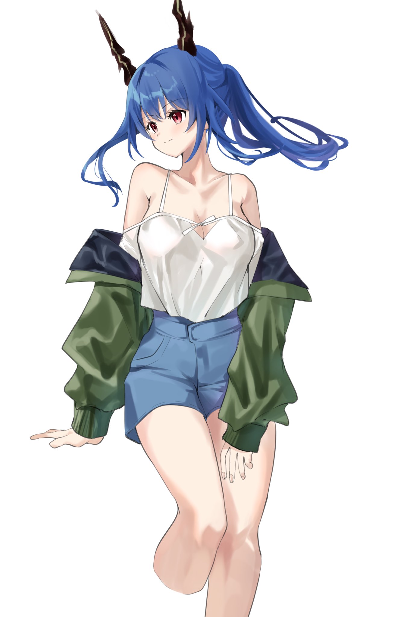 1girl arknights arm_support bare_shoulders blue_hair blue_shorts breasts ch'en_(arknights) cleavage cropped_legs dragon_horns green_jacket highres horns jacket lily0428 long_hair long_sleeves off-shoulder_shirt off_shoulder pink_eyes ponytail shirt shorts sitting solo spaghetti_strap thighs white_shirt