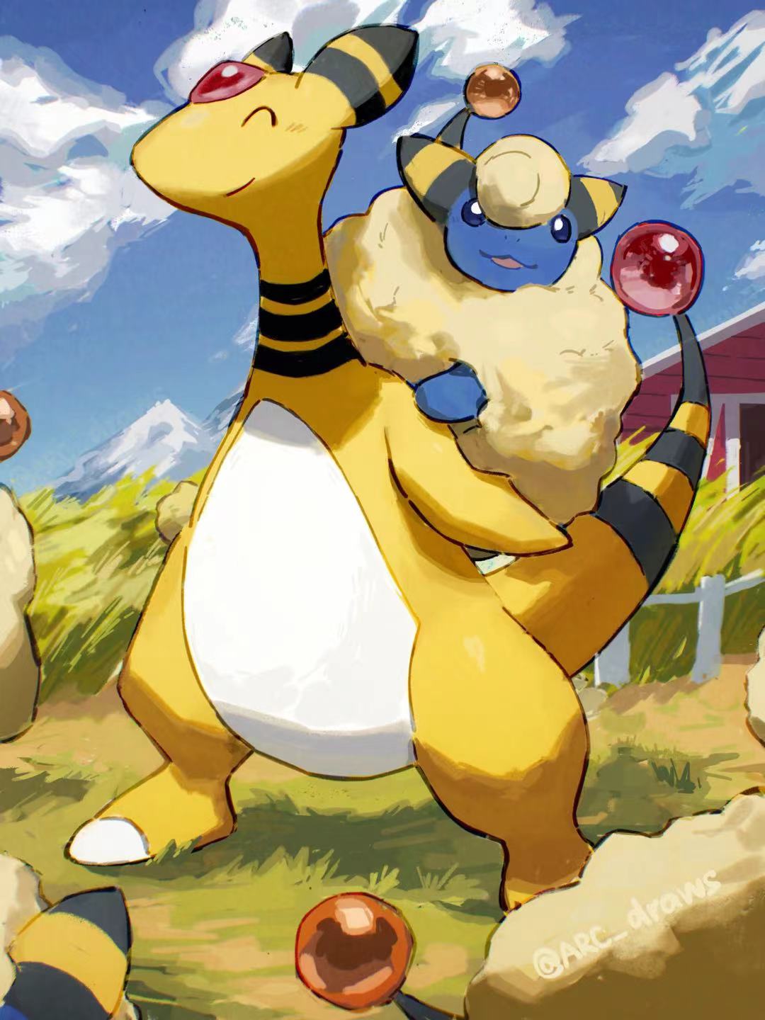 ampharos arc_draws blue_skin closed_eyes cloud colored_skin evolutionary_line farm fluffy forehead_jewel grass highres mareep no_humans outdoors pokemon pokemon_(creature) sheep twitter_username