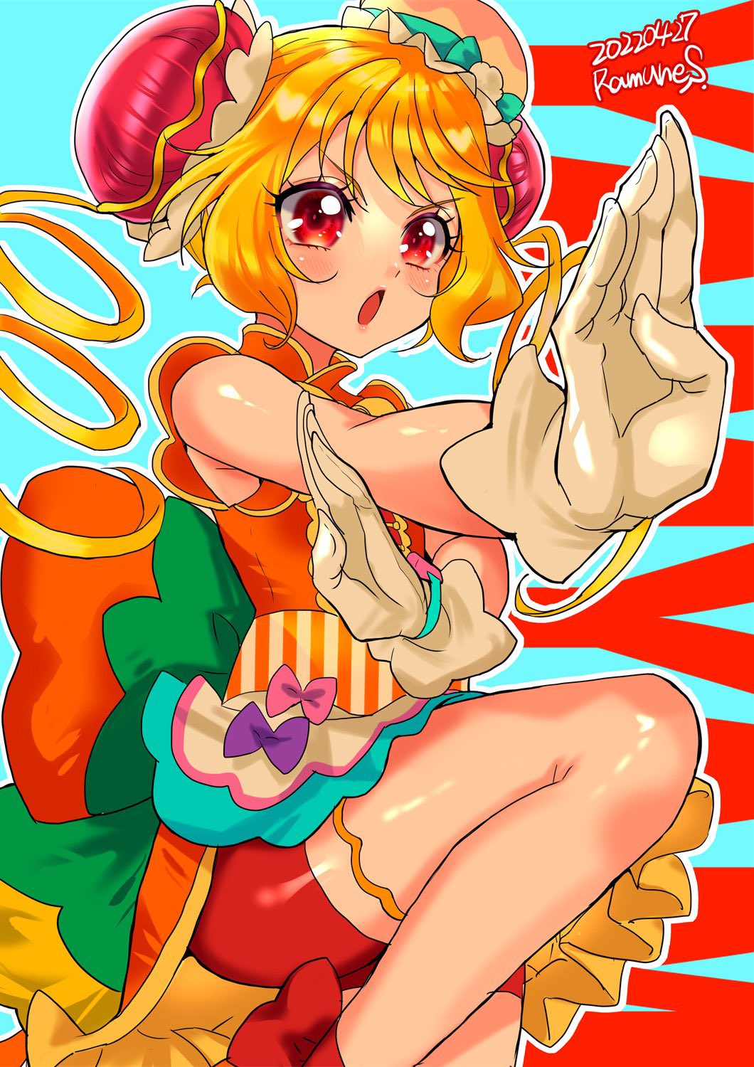 blonde_hair chinese_clothes cure_yum-yum delicious_party_precure dress fighting frilled_dress frills gloves hanamichi_ran highres precure red_eyes ribbon satou_ramune shorts twintails