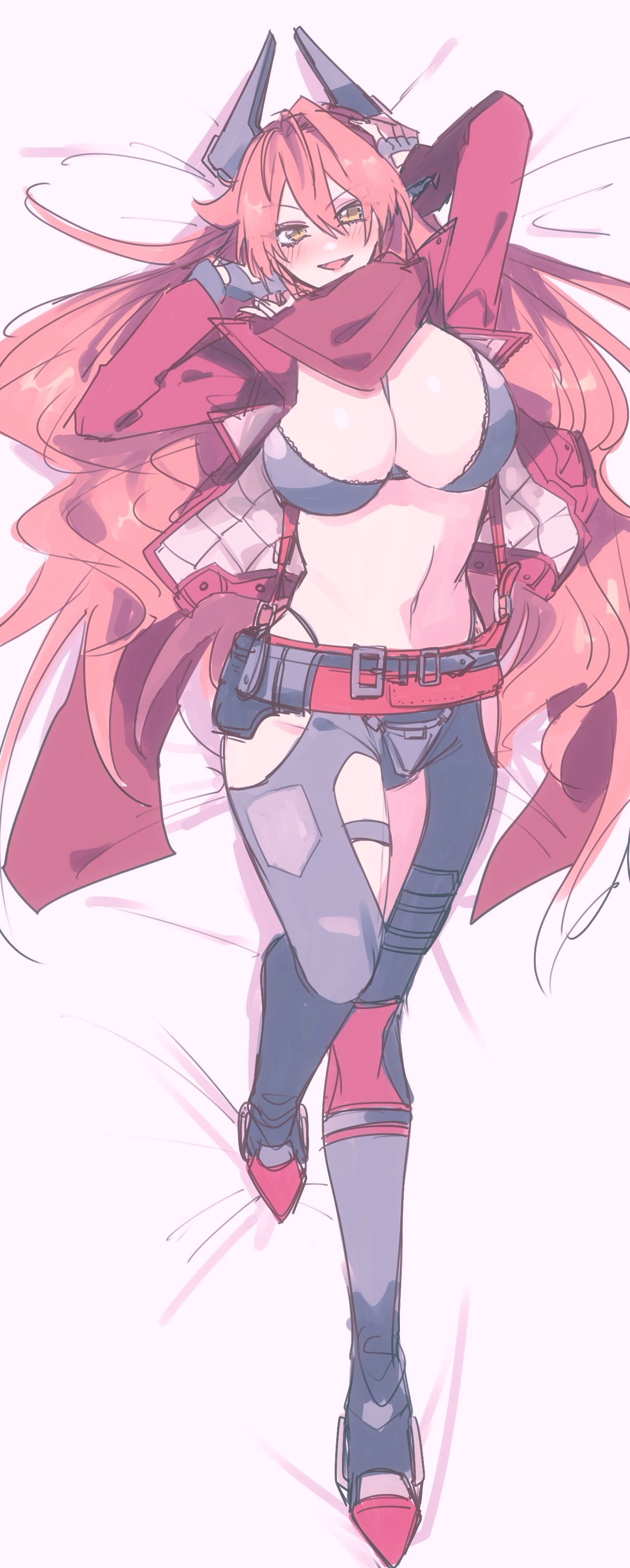 1girl absurdres between_breasts breasts cropped_jacket crotch_plate dakimakura_(medium) goddess_of_victory:_nikke highres hip_vent horns jacket latex_bikini leather leather_jacket leather_pants lying mechanical_horns miko_(uuua12u) on_back pants red_hood_(nikke) red_scarf scarf scarf_pull solo strap_between_breasts unzipped