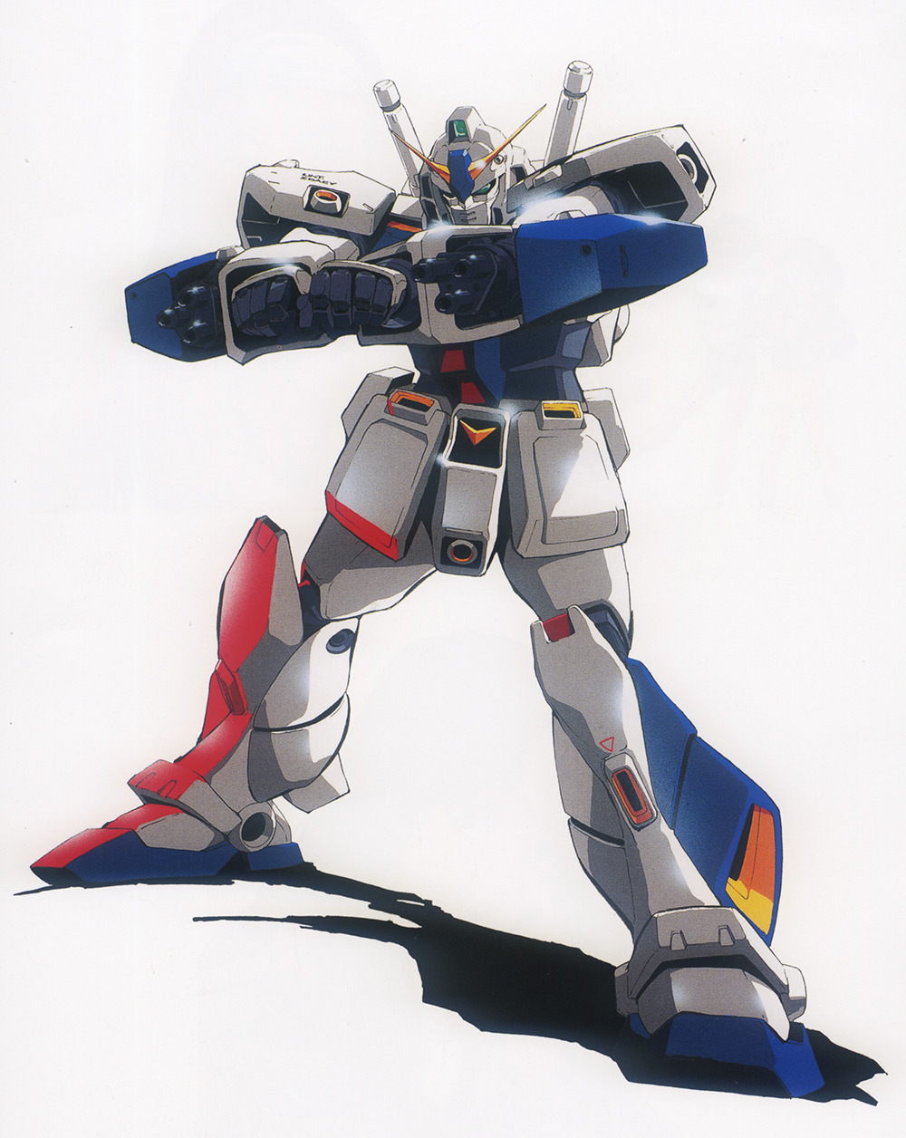 1980s_(style) aiming arm_cannon artist_request dual_arm_cannons gatling_gun glint gundam gundam_0080 gundam_alex highres key_visual mecha mobile_suit no_humans official_art production_art promotional_art retro_artstyle robot scan science_fiction shadow v-fin vernier_thrusters weapon white_background