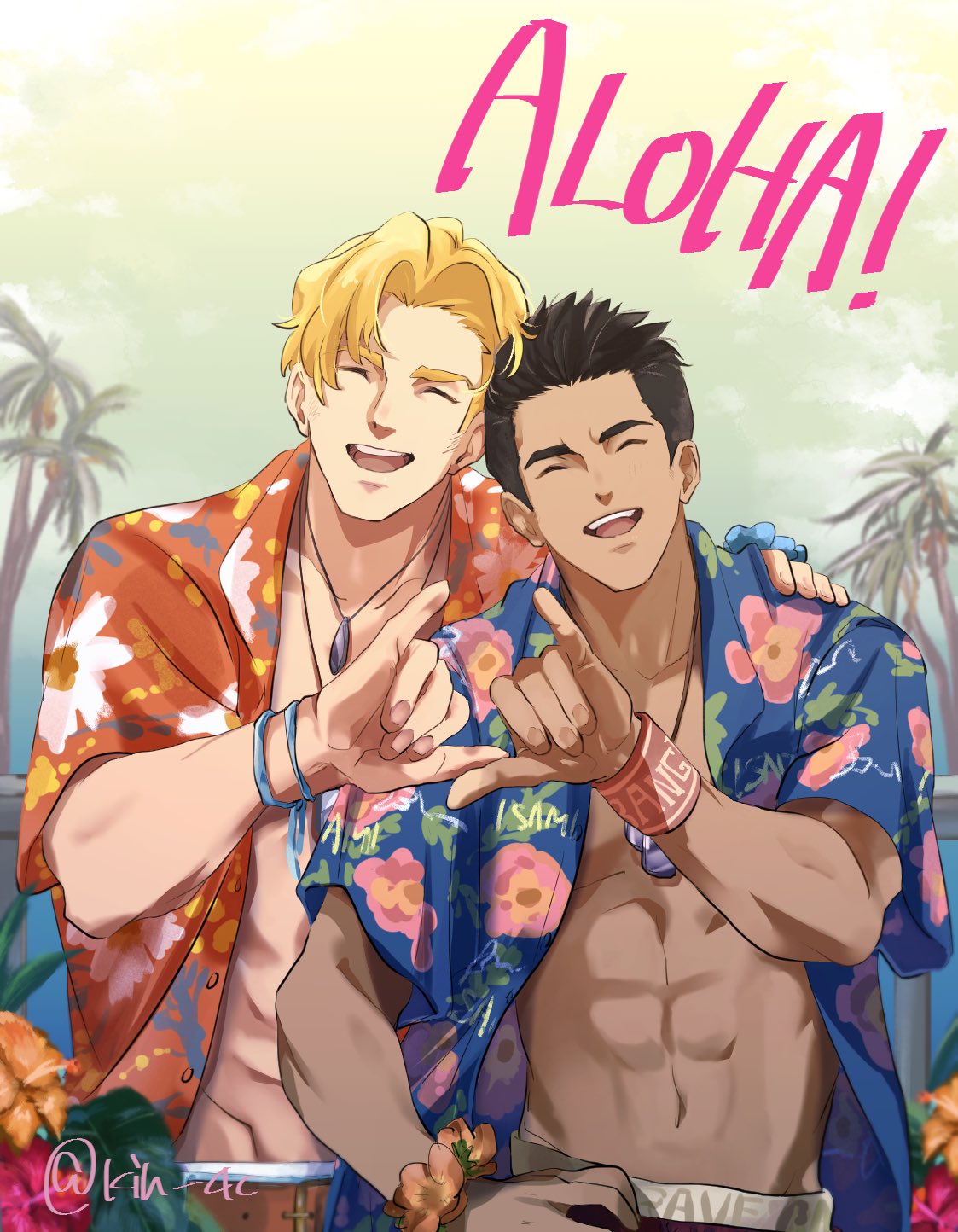 2boys abs ao_isami black_hair blonde_hair clothes_writing couple cowboy_shot dark-skinned_male dark_skin facial_hair facing_viewer happy hawaiian_shirt heads_together highres kin_4c lewis_smith male_focus male_underwear male_underwear_peek multiple_boys navel official_alternate_costume shirt sideburns_stubble stubble thick_eyebrows toned toned_male underwear w yaoi yuuki_bakuhatsu_bang_bravern