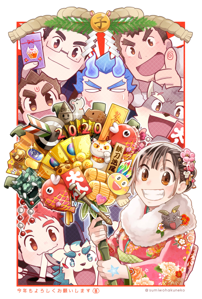 1girl 2020 6+boys arrow_(projectile) bamboo blue_hair boar border brown_eyes brown_hair cat dog_boy fire fish floral_print_kimono folding_fan grin hand_fan hanuman_(housamo) hay_bale highres holding moritaka_(housamo) motoori_shiro multiple_boys no_nose open_mouth pen pentagram protagonist_2_(housamo) red_hair sakimori_toji salomon_(housamo) scar scar_on_cheek scar_on_face scar_on_nose smile sumi_wo_hakuneko takabushi_kengo target thumbs_up tokyo_afterschool_summoners translation_request white_border yakushimaru_ryota