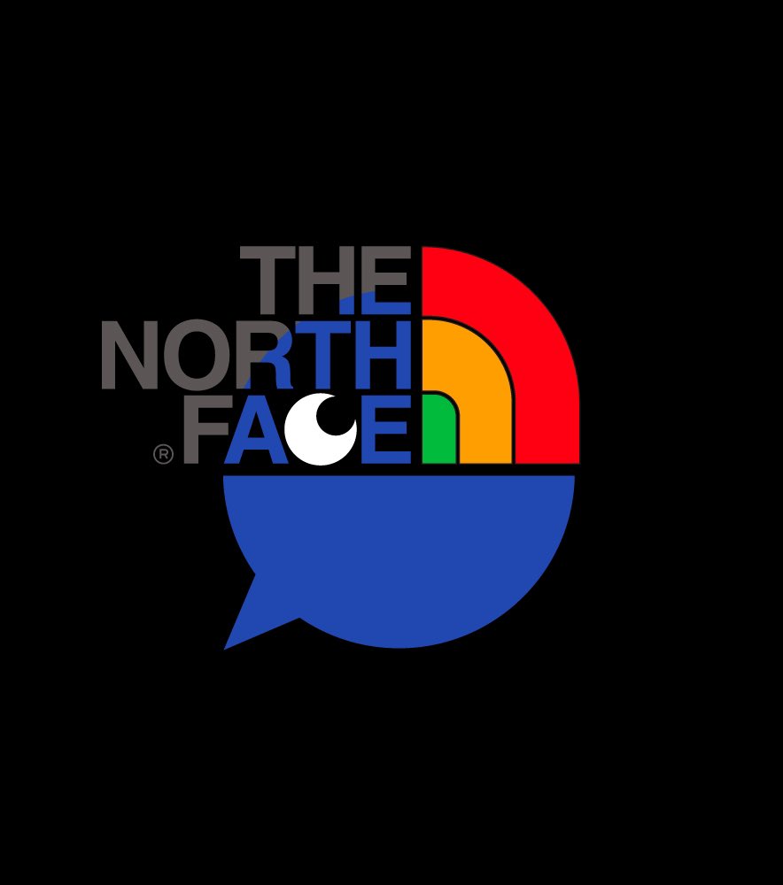 black_background commentary_request english_commentary logo_parody mixed-language_commentary nijisanji no_humans panasonynet rainbow simple_background the_north_face
