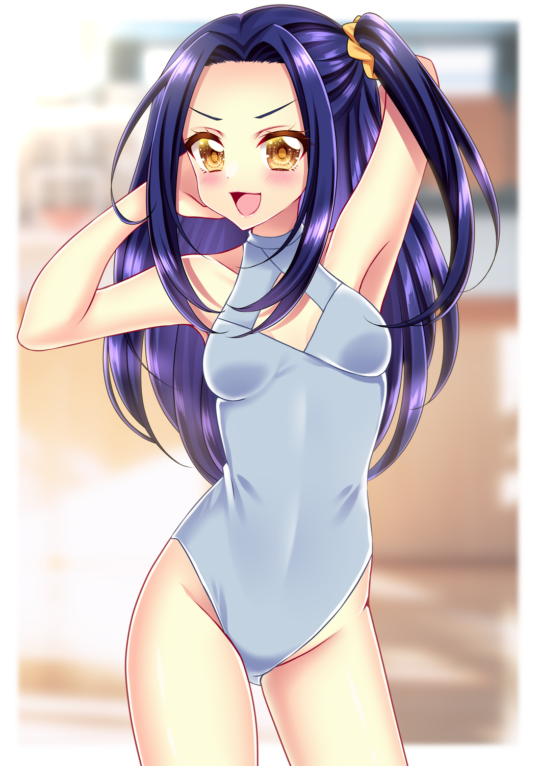 1girl armpits arms_behind_head athletic_leotard blue_eyes blue_leotard breasts cleavage_cutout clothing_cutout commission covered_navel highres kurokawa_eren leotard long_hair one_side_up pixiv_commission precure shirato_sayuri small_breasts solo suite_precure yellow_eyes