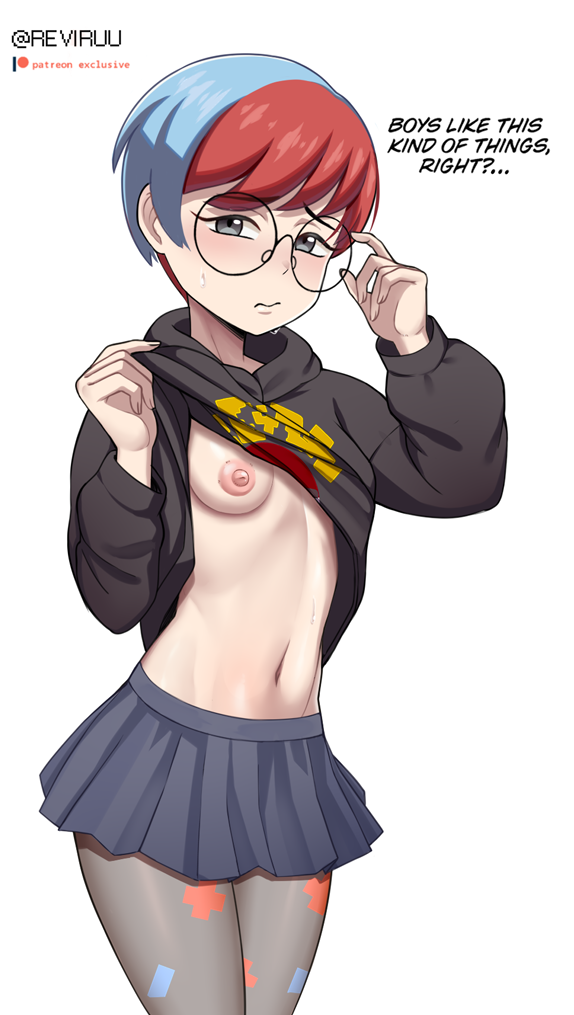 1girl adjusting_eyewear blue_hair blush breasts closed_mouth clothes_lift cowboy_shot english_text glasses grey_eyes grey_skirt hands_up hood hoodie hoodie_lift lifted_by_self long_sleeves looking_at_viewer navel nipples no_bra pantyhose penny_(pokemon) pleated_skirt pokemon pokemon_sv raised_eyebrows red_hair reviruu round_eyewear short_hair skirt solo sweat white_background