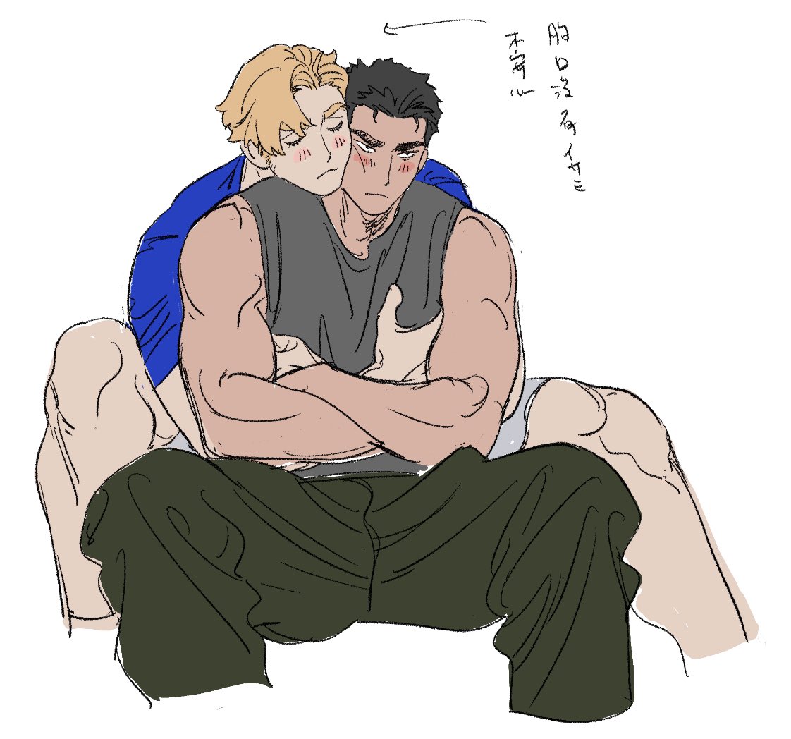 2boys ao_isami arrow_(symbol) bara black_hair blonde_hair blush cheek-to-cheek couple cropped_legs facial_hair haohaoci head_on_another's_shoulder heads_together hug hug_from_behind interracial lewis_smith m_legs male_focus multiple_boys muscular muscular_male shirt shy sideburns_stubble sitting sleeveless sleeveless_shirt stubble thick_eyebrows translation_request unfinished yaoi yuuki_bakuhatsu_bang_bravern