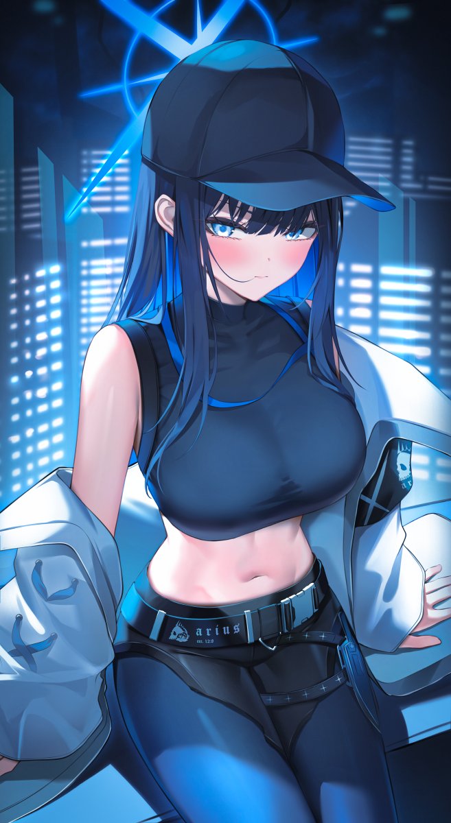 1girl baseball_cap belt black_tank_top blue_archive blue_eyes blue_hair blush breasts closed_mouth colored_inner_hair crop_top hair_between_eyes halo hashtag-only_commentary hat highres jacket long_hair looking_at_viewer midriff multicolored_hair navel off_shoulder saori_(blue_archive) shirt shuvi_(shuvi1125) sitting sleeveless sleeveless_shirt stomach tank_top thighs white_jacket