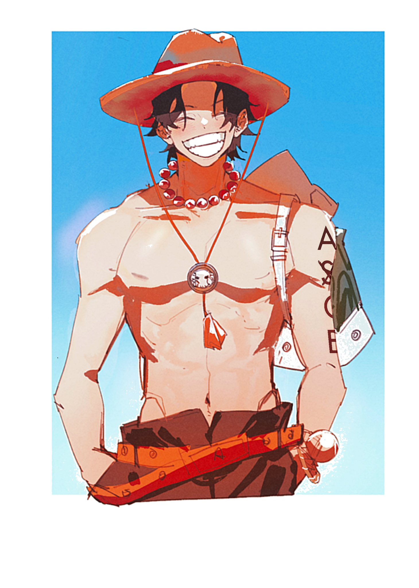 1boy ^_^ bag belt black_hair border closed_eyes commentary_request cowboy_shot hands_in_pockets hat highres jewelry male_focus necklace one_piece onecata11 orange_belt orange_hat pearl_necklace portgas_d._ace short_hair shoulder_bag sky smile solo topless_male white_border