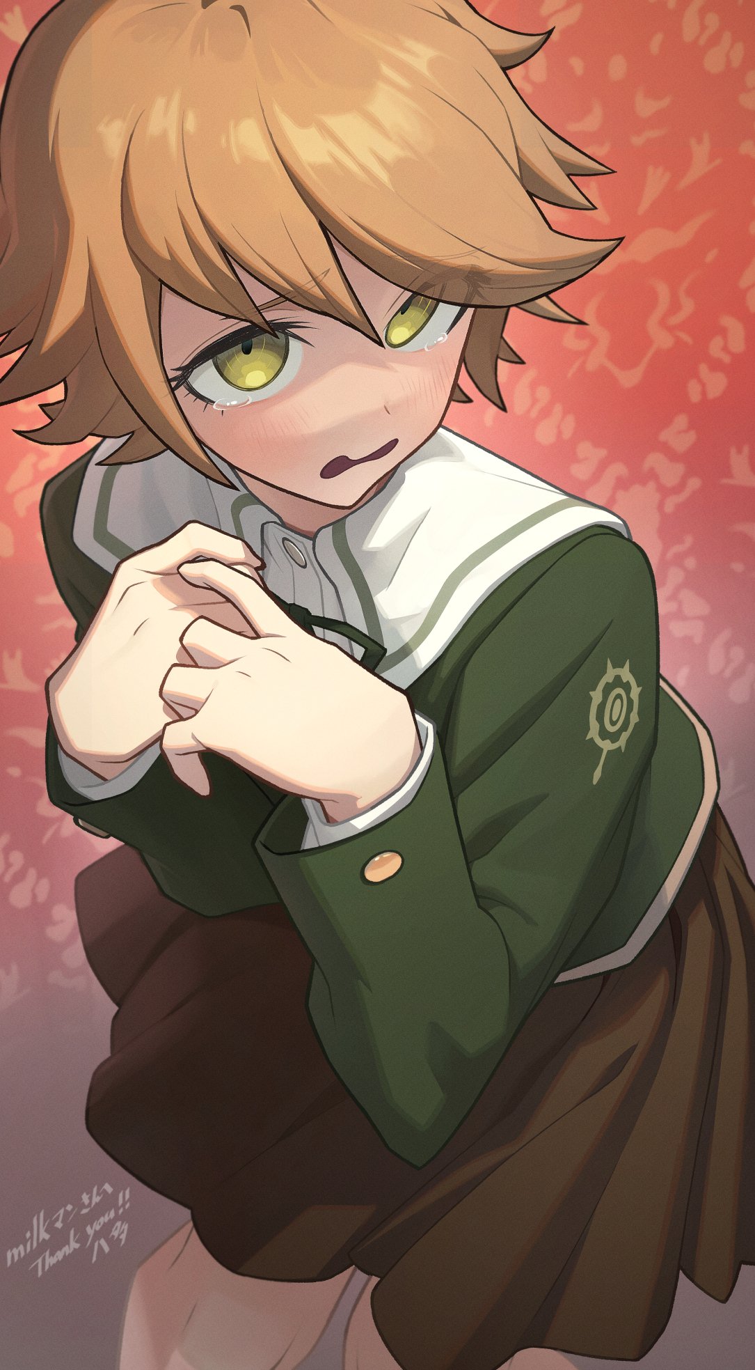 1boy brown_hair brown_skirt commission cowboy_shot danganronpa:_trigger_happy_havoc danganronpa_(series) from_above fujisaki_chihiro green_eyes green_shirt hata4564 highres ringed_eyes school_uniform shirt short_hair skeb_commission skirt solo tearing_up thank_you