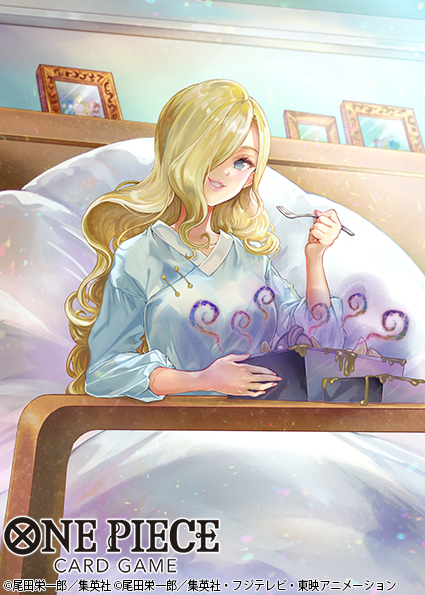 1girl blonde_hair blue_dress blue_eyes commentary_request copyright_name dress fork hair_over_one_eye holding holding_fork looking_at_viewer official_art on_bed one_piece pink_lips pisuke plate smile solo vinsmoke_sora