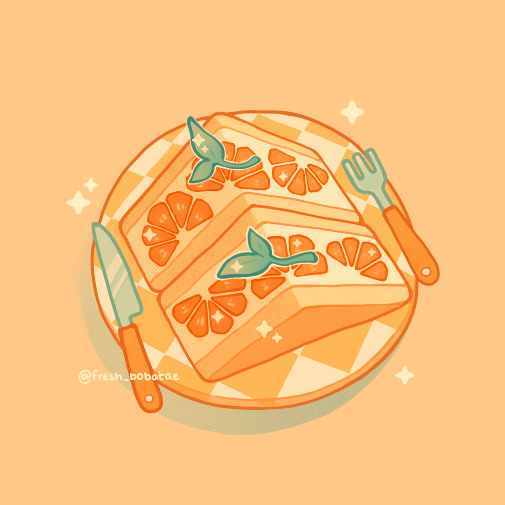 cake cake_slice checkered_print dessert emily_kim food food_focus fork fruit no_humans orange_(fruit) orange_background orange_theme original pastel_colors plate simple_background sparkle sprout twitter_username