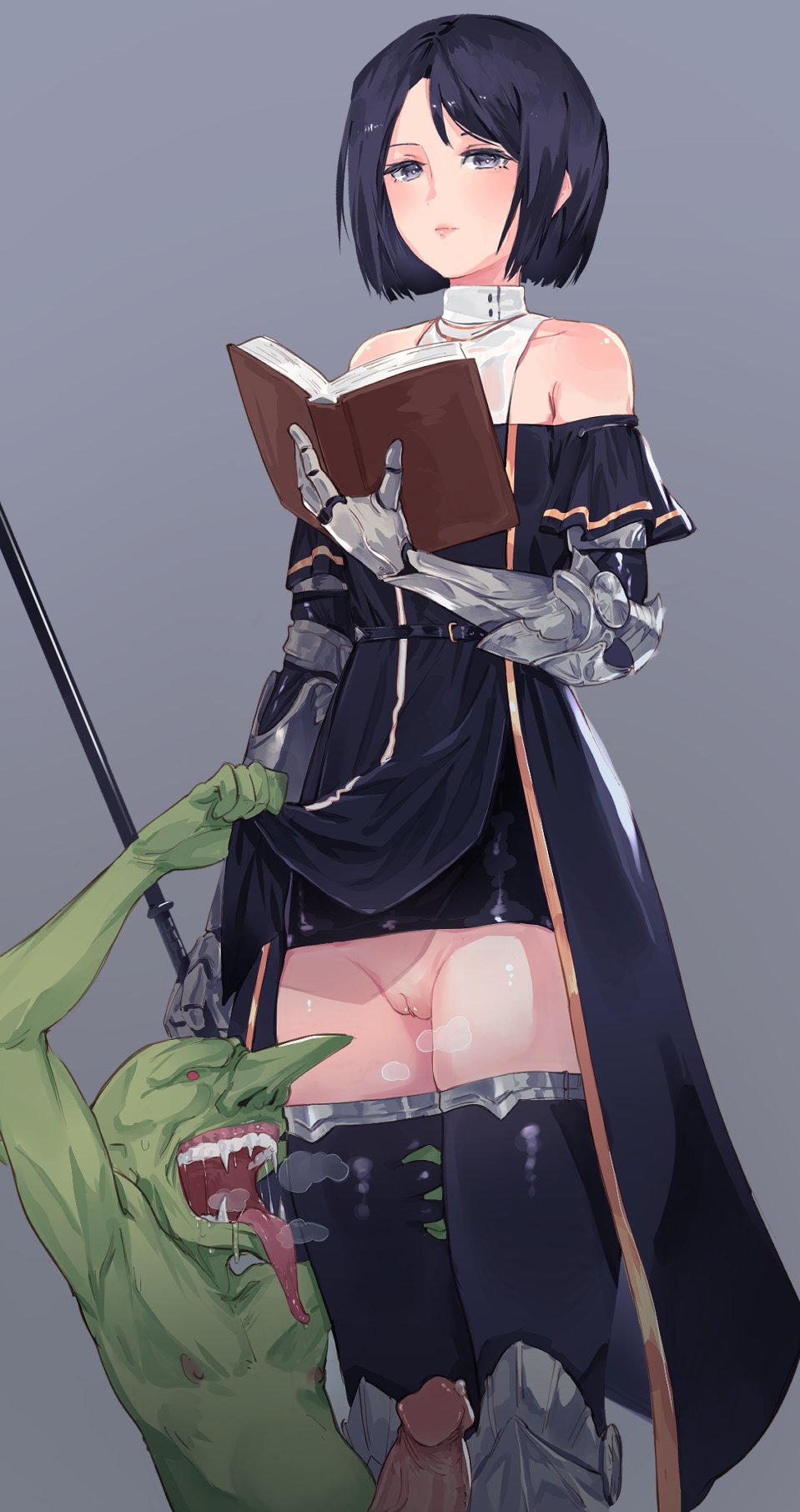 1boy 1girl arm_armor bare_shoulders black_hair black_robe bob_cut book closed_mouth goblin grey_eyes heavy_breathing highres holding holding_book huge_penis mocomori off_shoulder open_book original penis precum pussy robe robe_lift short_hair thighhighs tongue tongue_out uncensored