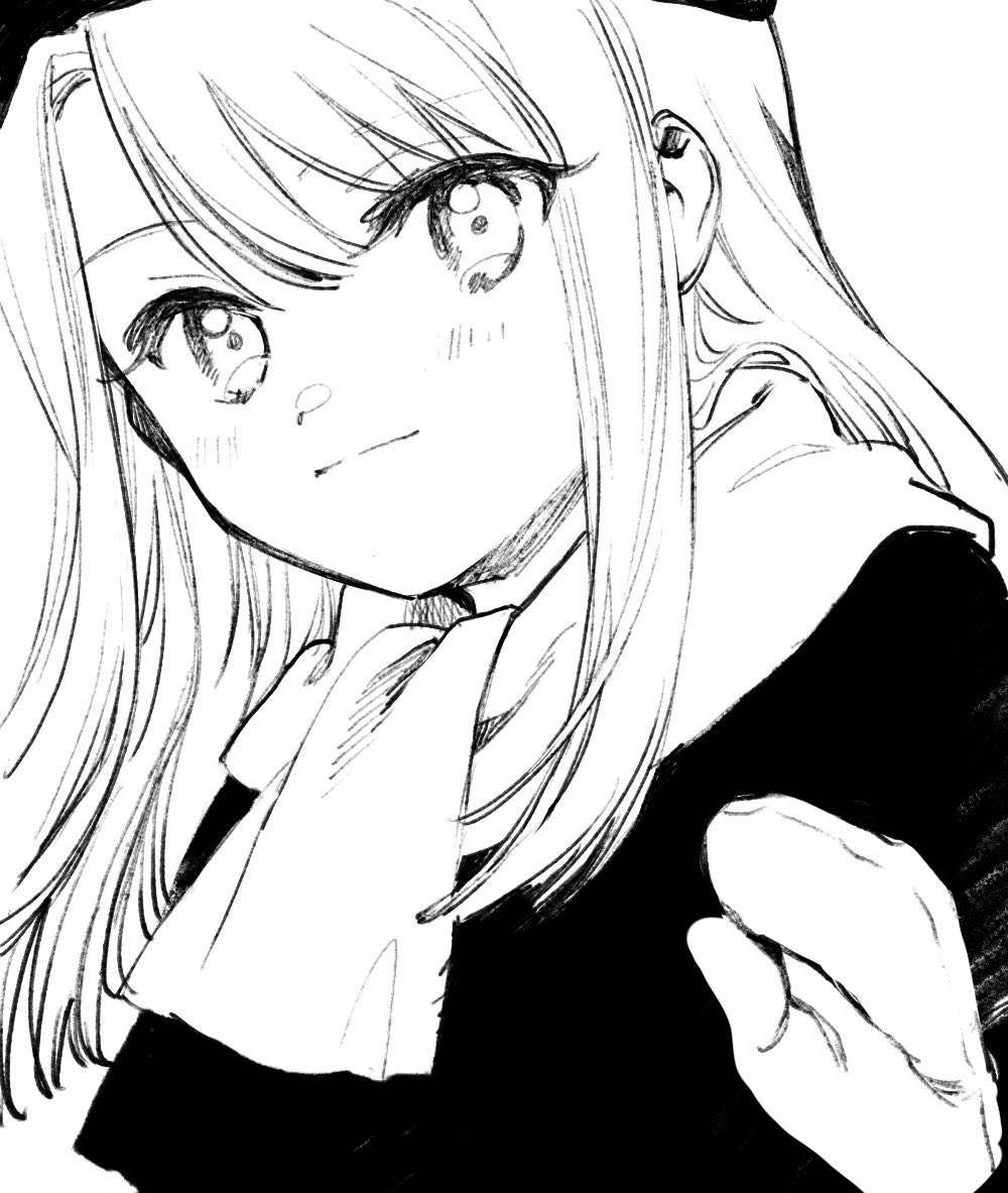 1girl beret blush_stickers closed_mouth coat commentary_request eyelashes fate/stay_night fate_(series) greyscale hand_up hat illyasviel_von_einzbern light_smile long_hair looking_at_viewer mittens monochrome no+bi= scarf simple_background single_sidelock sketch solo straight_hair upper_body white_background