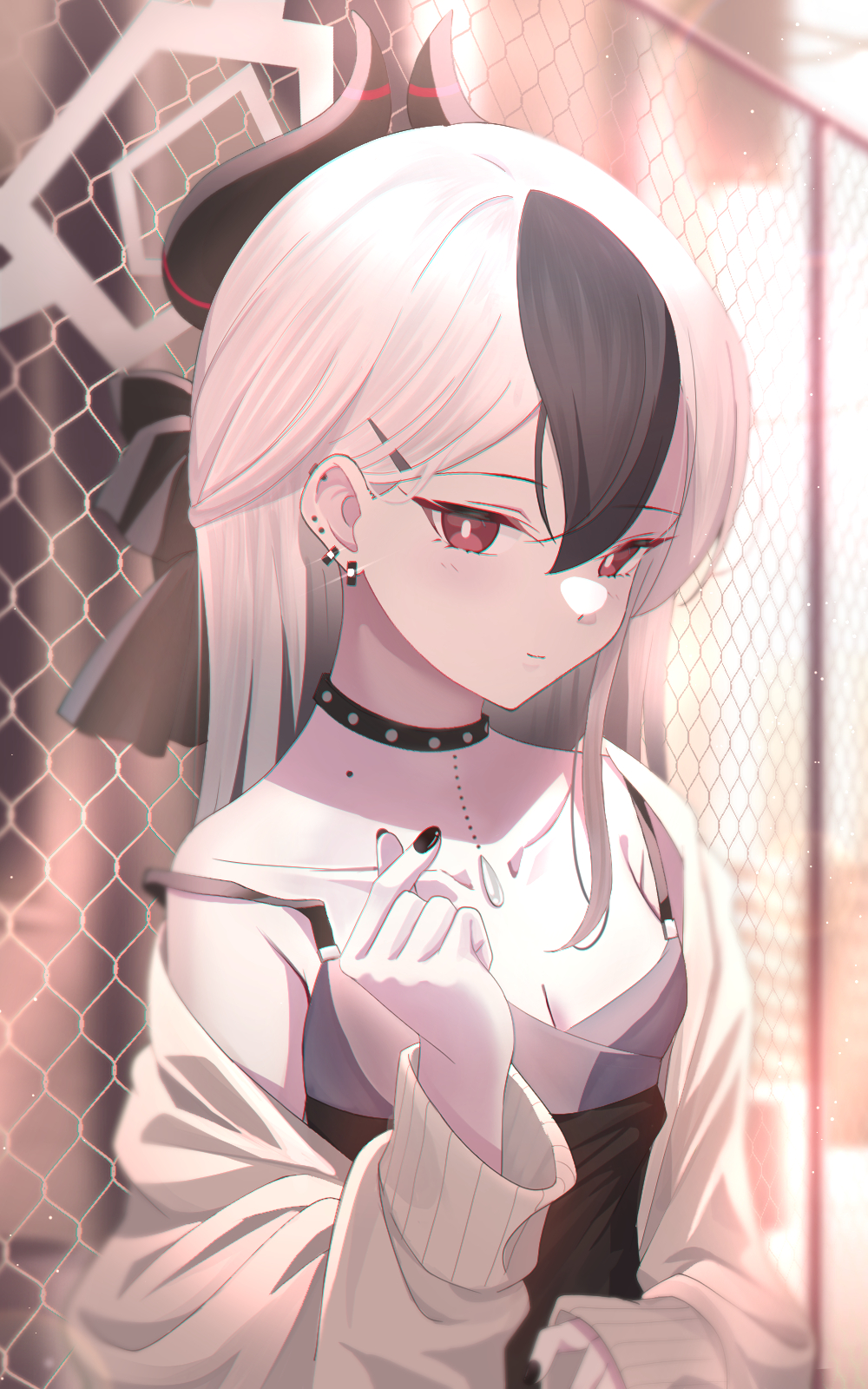 1girl bare_shoulders black_dress black_hair blue_archive blush breasts chain-link_fence choker collarbone dress fence grey_jacket hair_between_eyes hair_ribbon halo highres horns jacket kayoko_(blue_archive) kayoko_(dress)_(blue_archive) long_hair long_sleeves looking_at_viewer mishiro_(ixtlolton) multicolored_hair off_shoulder red_eyes ribbon short_dress sidelocks small_breasts solo two-tone_hair white_hair