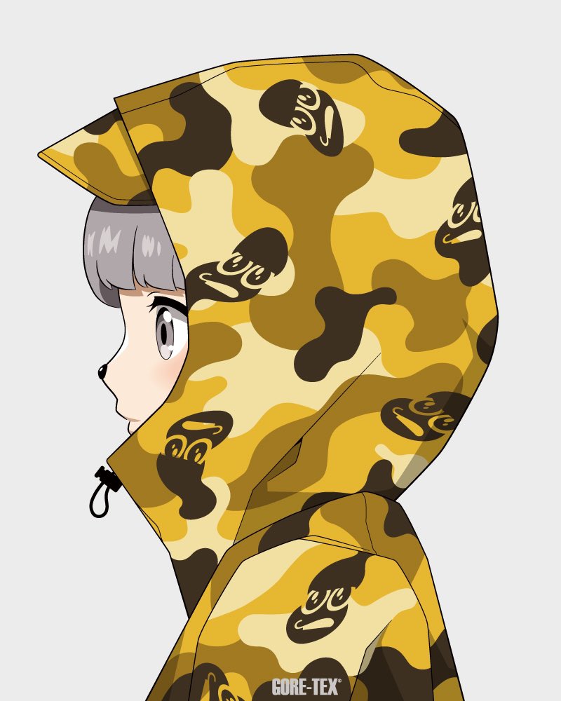 1girl animal_nose blush camouflage camouflage_jacket character_print closed_mouth commentary_request fashion from_side gore-tex grey_background grey_eyes grey_hair hood hood_up hooded_jacket jacket looking_ahead mode_aim panasonynet peanuts-kun ponpoko_(vtuber) portrait profile simple_background solo virtual_youtuber yellow_jacket