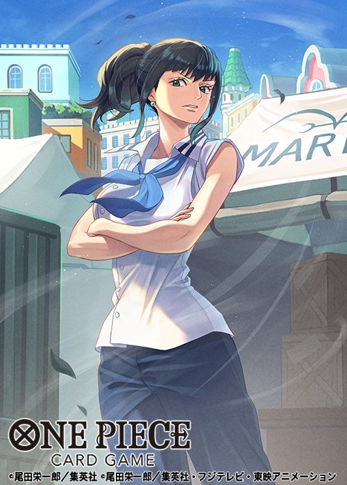 1girl aged_down black_hair blue_neckerchief commentary_request copyright_name crossed_arms earrings eyelashes jewelry leaf leg_tattoo neckerchief official_art one_piece otton pants ponytail shirt sky sleeveless solo tattoo tsuru_(one_piece) white_shirt wind