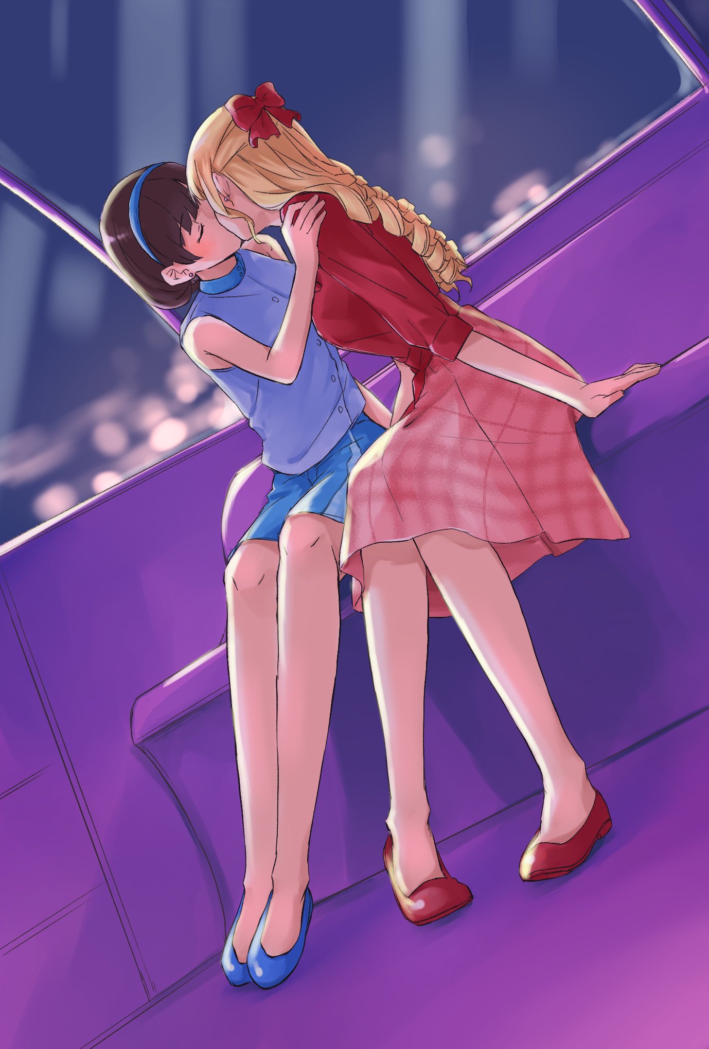 2girls bare_arms blonde_hair blue_footwear blue_hairband blue_shirt blue_skirt bow brown_hair claire_francois closed_eyes commentary_request drill_hair ferris_wheel_interior full_body hair_bow hairband hand_on_another's_shoulder highres kikorinolily kiss long_hair multiple_girls night pink_skirt rae_taylor red_bow red_footwear red_shirt shirt sitting skirt sleeveless sleeveless_shirt watashi_no_oshi_wa_akuyaku_reijou yuri