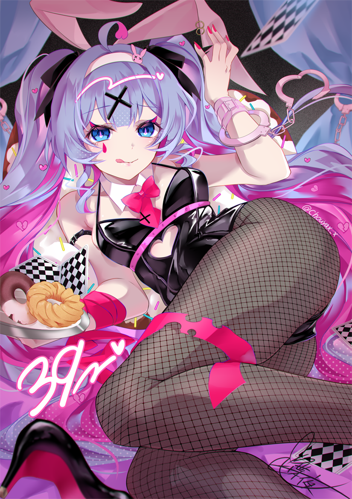 1girl 39 :q ahoge animal_ears arm_strap black_leotard black_pantyhose black_ribbon blue_eyes blue_hair breasts cleavage cuffs fake_animal_ears fishnet_pantyhose fishnets floating_hair gradient_hair hair_ornament hair_ribbon hairband halterneck handcuffs hatsune_miku holding holding_plate leotard long_hair looking_at_viewer lying miku_day multicolored_hair nail_polish on_side pantyhose pink_hair plate playboy_bunny rabbit_ears rabbit_hair_ornament rabbit_hole_(vocaloid) red_nails ribbon short_hair signature small_breasts solo symbol-shaped_pupils tongue tongue_out twintails twitter_username tyouya very_long_hair vocaloid white_hairband