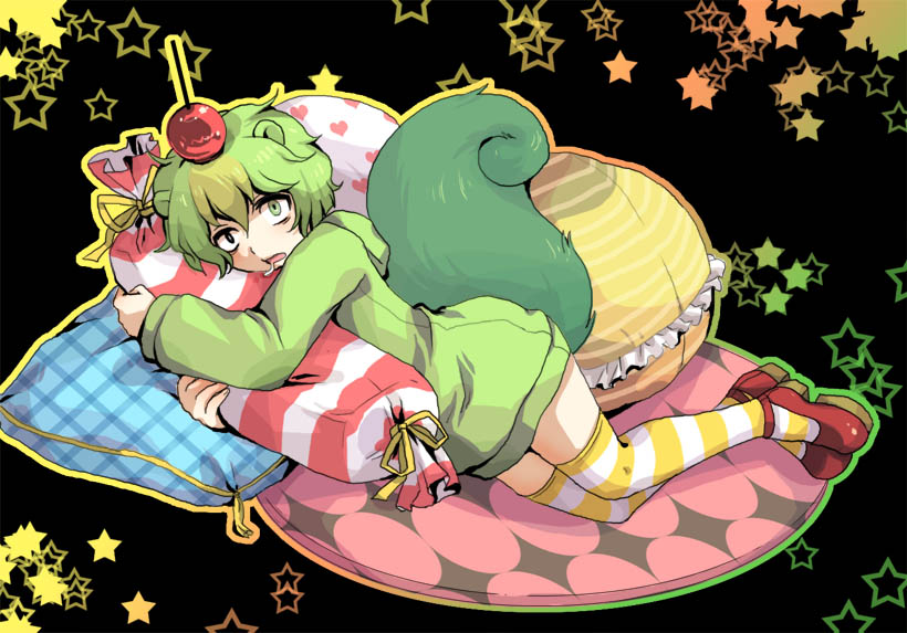 ambiguous_gender black_background candy food green_eyes green_hair green_jacket green_tail happy_tree_friends jacket lying m_no_hito on_side pillow pillow_grab red_footwear saliva thighhighs