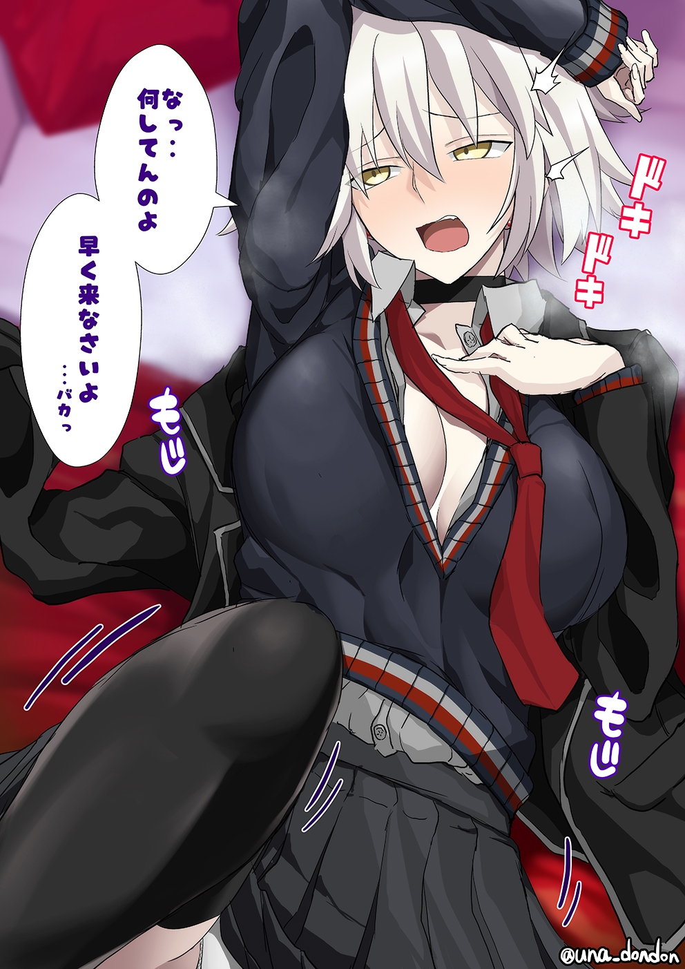 1girl black_jacket black_skirt black_sweater black_thighhighs blush breasts choker cleavage fate/grand_order fate_(series) grey_hair highres jacket jeanne_d'arc_alter_(avenger)_(fate) jeanne_d'arc_alter_(fate) large_breasts long_sleeves looking_to_the_side necktie red_necktie school_uniform short_hair skirt solo speech_bubble sweater thighhighs translation_request unadon yellow_eyes