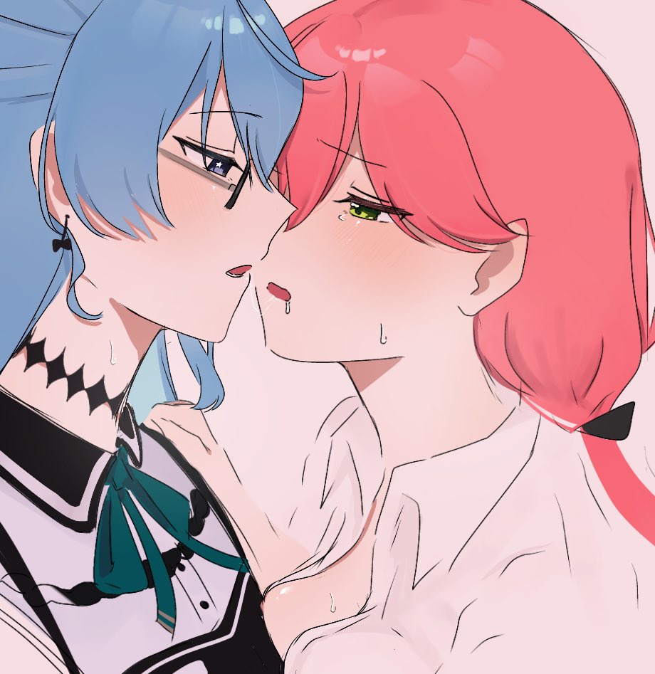2girls after_kiss blue_eyes blue_hair breast_press breasts collared_shirt earrings glasses green_eyes grey_background half-closed_eyes hand_on_another's_shoulder hatehate hololive hoshimachi_suisei jewelry long_hair medium_breasts multiple_girls open_clothes open_shirt parted_lips pink_hair sakura_miko saliva saliva_trail shirt simple_background sleeveless sleeveless_shirt sweat upper_body virtual_youtuber white_shirt yuri