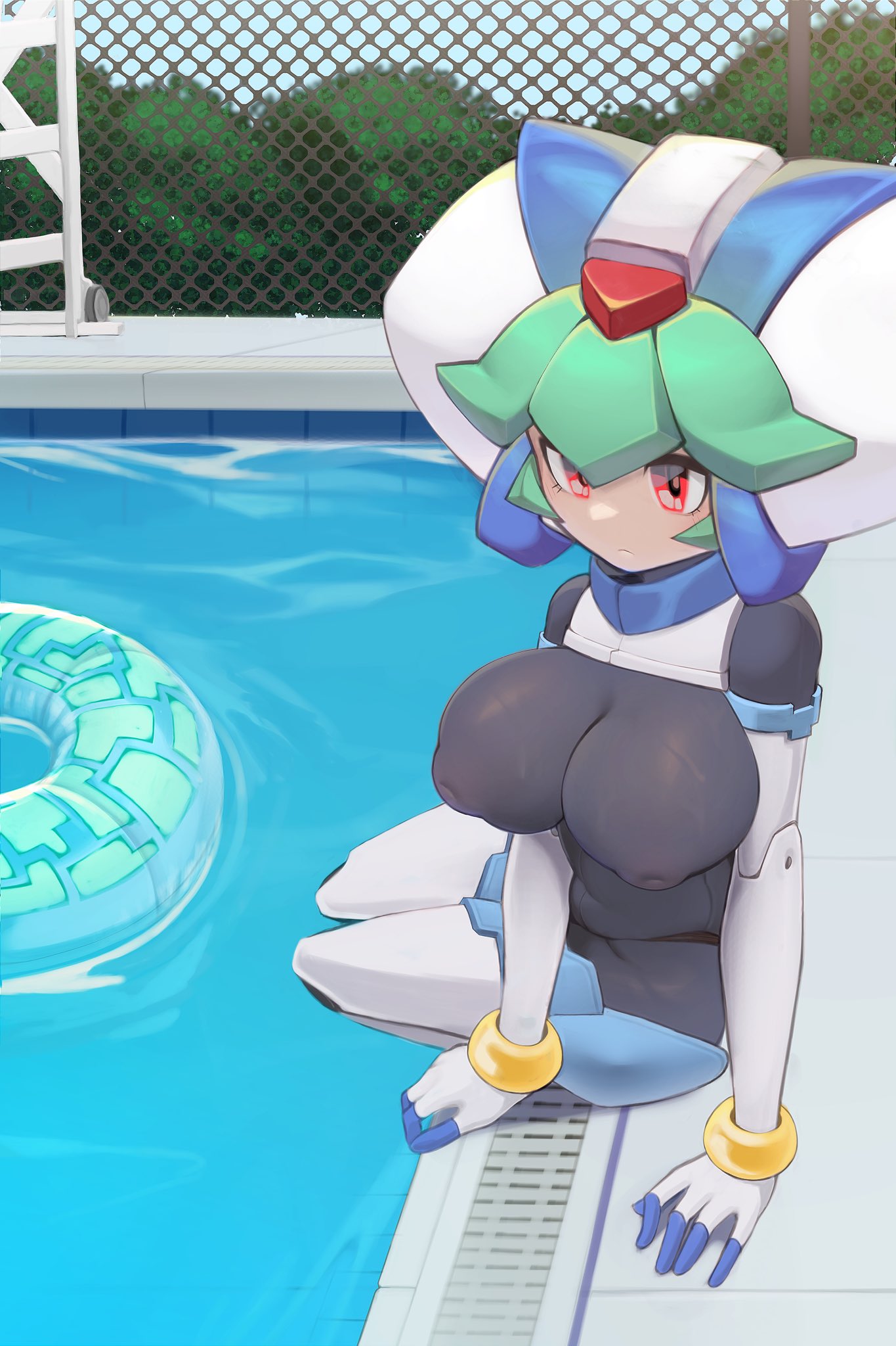 1girl armor black_bodysuit bodysuit breasts breasts_out covered_nipples crop_top forehead_jewel green_hair helmet highres inverted_nipples large_breasts mega_man_(series) mega_man_zx model_w_(mega_man) pandora_(mega_man) pool power_armor red_eyes sheepus skin_tight swim_ring white_armor white_helmet