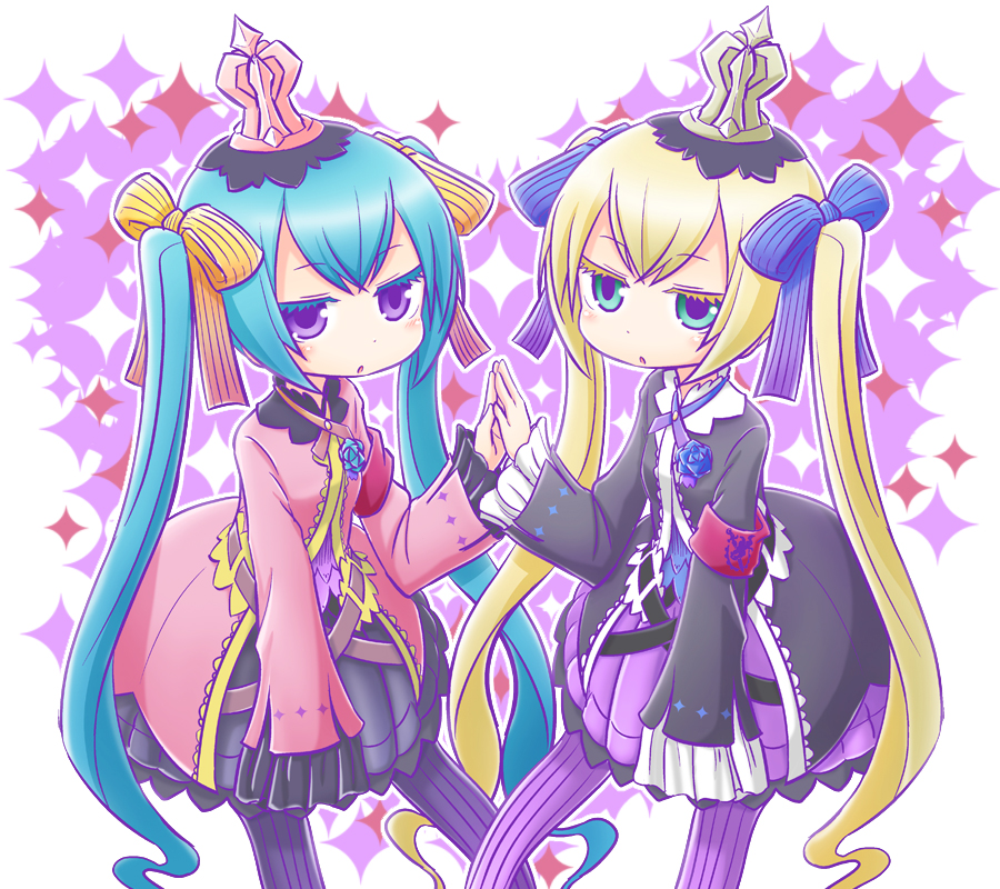 2girls 7th_dragon_(series) 7th_dragon_2020 :o armband black_jacket black_skirt blonde_hair blue_bow blue_eyes blue_flower blue_hair blue_rose blue_shirt bow character_request chelsea_(7th_dragon) colored_eyelashes commentary_request crown flower frilled_sleeves frills hacker_(7th_dragon) hair_bow jacket long_sleeves mini_crown multiple_girls naga_u pantyhose parted_lips pink_jacket pleated_skirt purple_eyes purple_pantyhose purple_shirt purple_skirt rose shirt skirt sleeves_past_fingers sleeves_past_wrists sparkle_background striped_bow striped_clothes striped_pantyhose twintails vertical-striped_clothes vertical-striped_pantyhose white_background yellow_bow