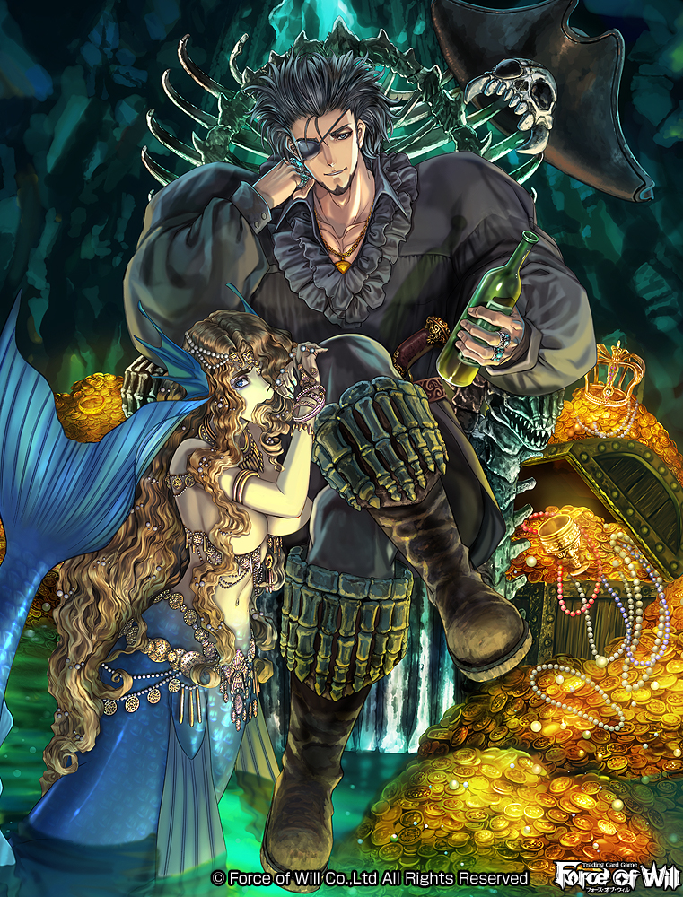 1boy 1girl black_hair blonde_hair blue_eyes bottle breasts coin copyright_notice crown eyepatch fins force_of_will gold_coin grey_eyes head_fins holding holding_bottle jewelry kusanagi_chouen long_hair long_sleeves mermaid monster_girl navel necklace official_art pirate sitting skeleton treasure_chest