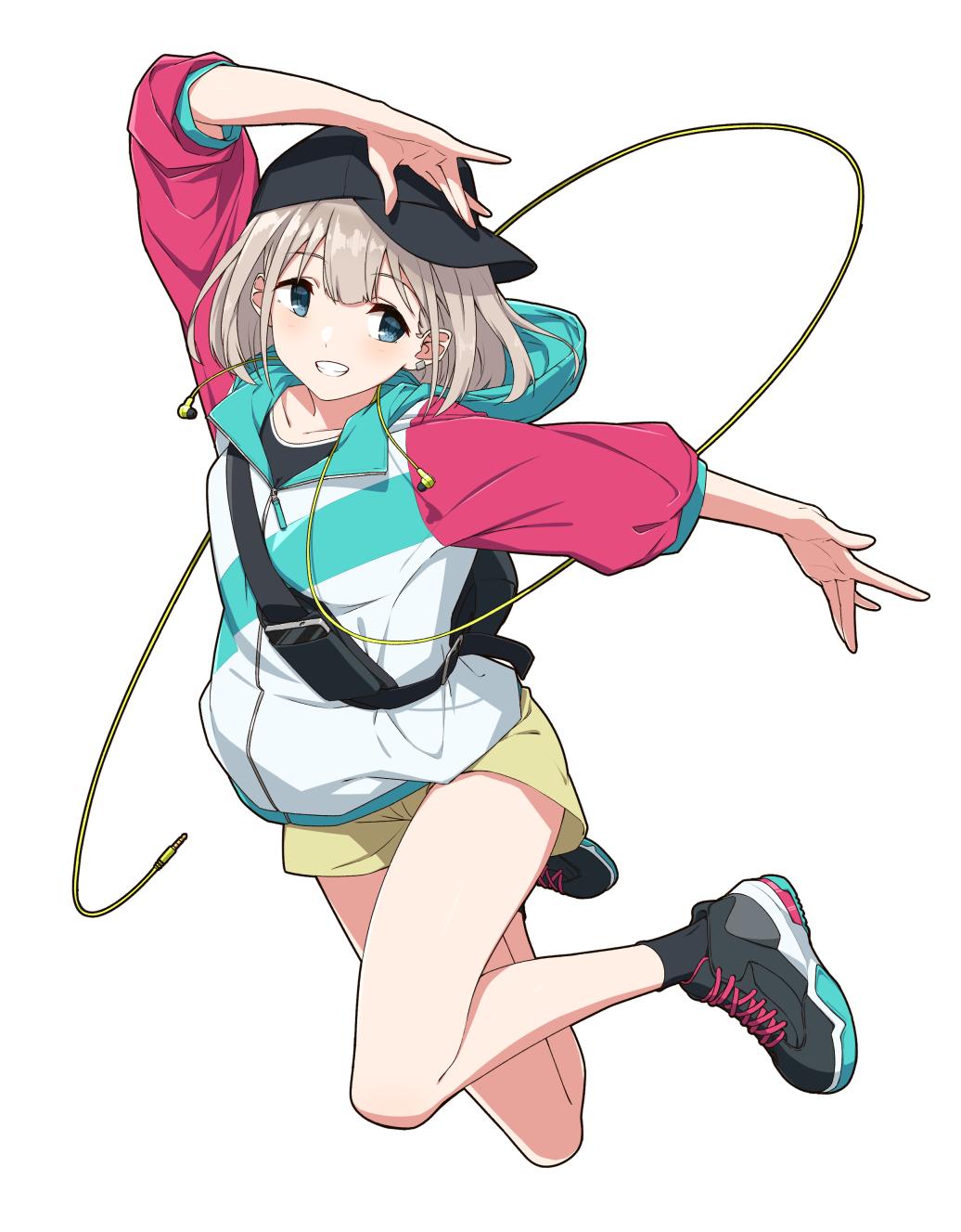 1girl arm_up bag baseball_cap black_footwear black_socks blue_eyes blush breasts cellphone dot_nose earphones earrings full_body grey_hair grin hat highres hood hood_down hoodie idolmaster idolmaster_shiny_colors jewelry jumping long_sleeves looking_at_another multicolored_clothes multicolored_hoodie outstretched_arm phone serizawa_asahi shoes short_hair shorts shoulder_bag shuuto_(shu-toritu) small_breasts smartphone smile sneakers socks solo yellow_shorts zipper zipper_pull_tab