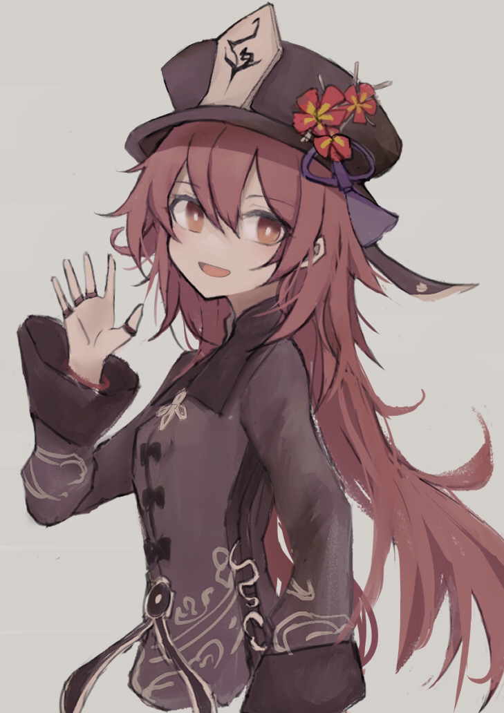 1girl :d breasts bright_pupils brown_shirt chinese_clothes chinese_commentary commentary_request cropped_torso flower from_side genshin_impact hat hat_flower hat_tassel hu_tao_(genshin_impact) jewelry lass_(3344) long_hair looking_at_viewer multiple_rings no_nose plum_blossoms porkpie_hat ring shirt simple_background single_sleeve_past_fingers small_breasts smile solo thumb_ring waving white_background white_pupils wide_sleeves