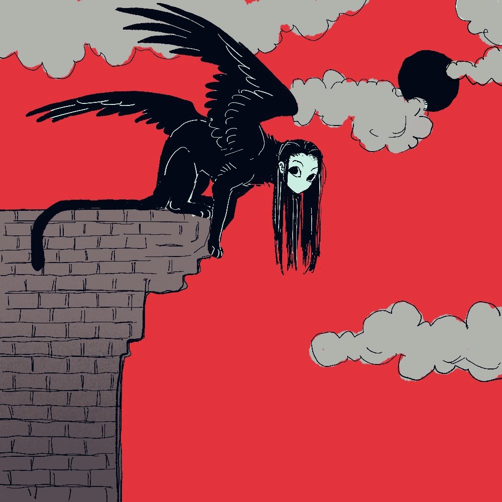 1boy black_eyes black_hair black_wings cloud egretfoooox feathered_wings full_body greyscale hunter_x_hunter illumi_zoldyck long_hair looking_at_viewer male_focus monochrome monster_boy monsterification outdoors red_background sitting sphinx sun tail tower wings