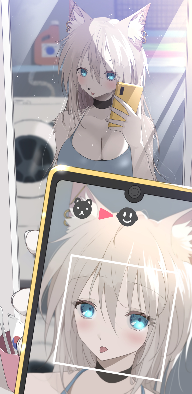 1girl animal_ears aqua_eyes black_choker blush breasts cellphone cellphone_photo choker cleavage collarbone dog_ears dog_girl face_filter female_pov full-length_mirror furry furry_female grey_hair highres holding holding_phone humanization indoors large_breasts mirror original phone pov pov_hands reflection solo spaghetti_strap tongue tongue_out yongen_yu