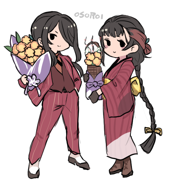 2girls black_eyes black_gloves black_hair black_ribbon black_vest blush boots bouquet braid brown_footwear brown_shirt closed_mouth flower full_body gloves hair_over_one_eye hand_in_pocket high_heel_boots high_heels holding holding_bouquet jacket japanese_clothes kantai_collection kimono kumano_maru_(11th_anniversary)_(kancolle) kumano_maru_(kancolle) long_hair long_sleeves looking_at_viewer low_ponytail multiple_girls obi official_alternate_costume pant_suit pants parted_bangs pink_flower red_jacket red_kimono red_pants ribbon sash shirt single_braid smile solid_oval_eyes standing suit suit_jacket terrajin transparent_background vest wide_sleeves yamashio_maru_(kancolle)