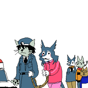 arrest clothing feline female group low_res male mammal plain_background police rain_silves sergal talyxian trackpants tracksuit unknown_artist white_background