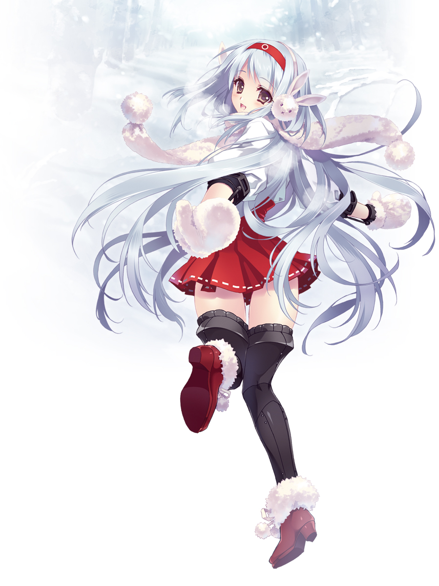 blush boots brown_eyes bunny carnelian highres kantai_collection long_hair looking_back mittens open_mouth pleated_skirt scarf shoukaku_(kantai_collection) silver_hair skirt solo thigh_boots thighhighs very_long_hair