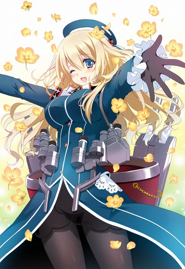 atago_(kantai_collection) beret black_gloves blonde_hair blue_eyes blush breasts carnelian flower gloves hat kantai_collection large_breasts long_hair one_eye_closed open_mouth outstretched_arms pantyhose smile solo