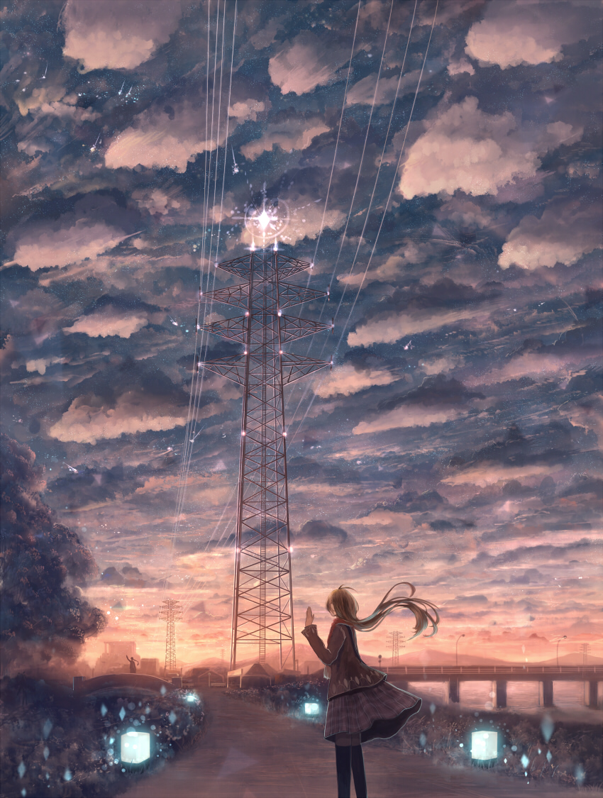 bridge cloud cloudy_sky hill long_hair original power_lines river sakimori_(hououbds) scarf scenery silhouette skirt sky star_(sky) starry_sky thighhighs tree twilight water waving wind