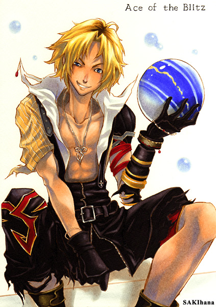blitzball blonde_hair blue_eyes chain dissidia_final_fantasy final_fantasy final_fantasy_x gloves jewelry male_focus nabeya_sakihana necklace open_clothes open_shirt shirt smirk solo tidus torn_clothes traditional_media
