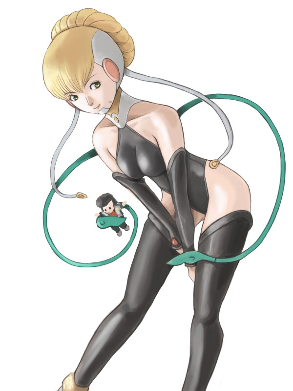 adelie_(space_dandy) bangs bare_shoulders bent_over black_legwear blonde_hair cable character_doll commentary_request dandy_(space_dandy) detached_sleeves doll from_side green_eyes hair_bun halterneck hirayama_tooya holding leotard light_smile looking_at_viewer older short_hair simple_background smile space_dandy thighhighs turtleneck v_arms white_background